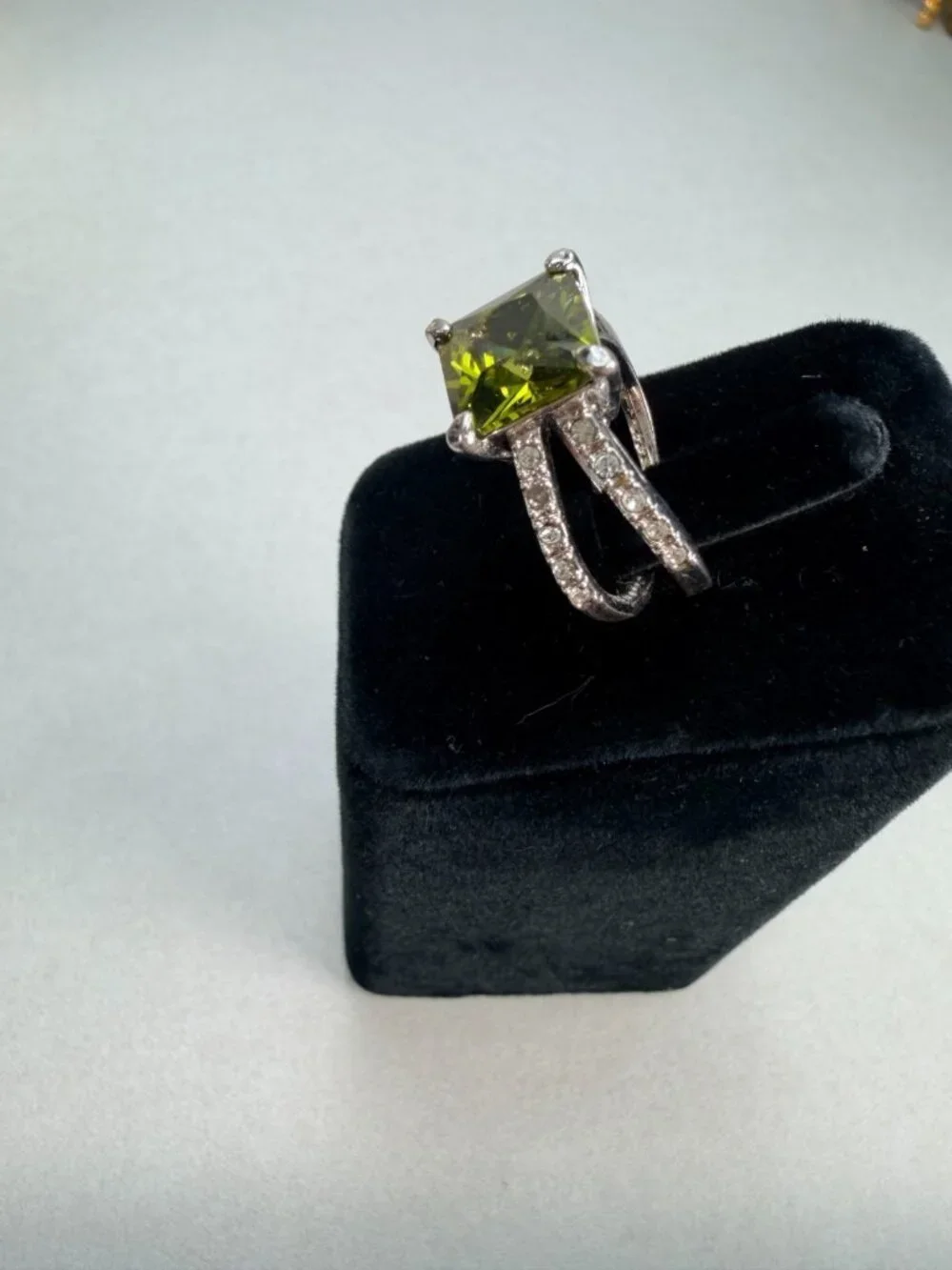 Huge Olive Green Princess Cut Statement Ring Pave CZ Silver Tone Size 7.5